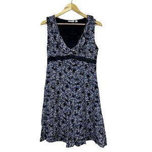 Ojay Empire Waist Floral Print Sleeveless Ruffle V-Neck Dress Blue Black Size 10